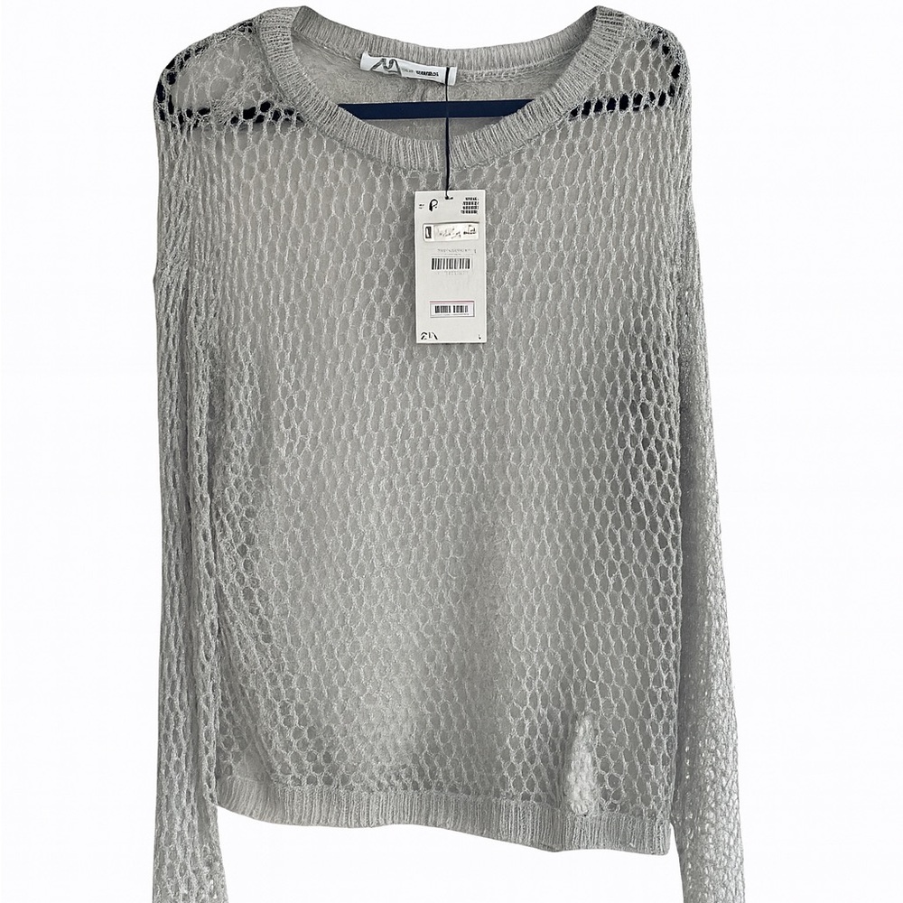 Zara Metallic Silver Open-Knit Top